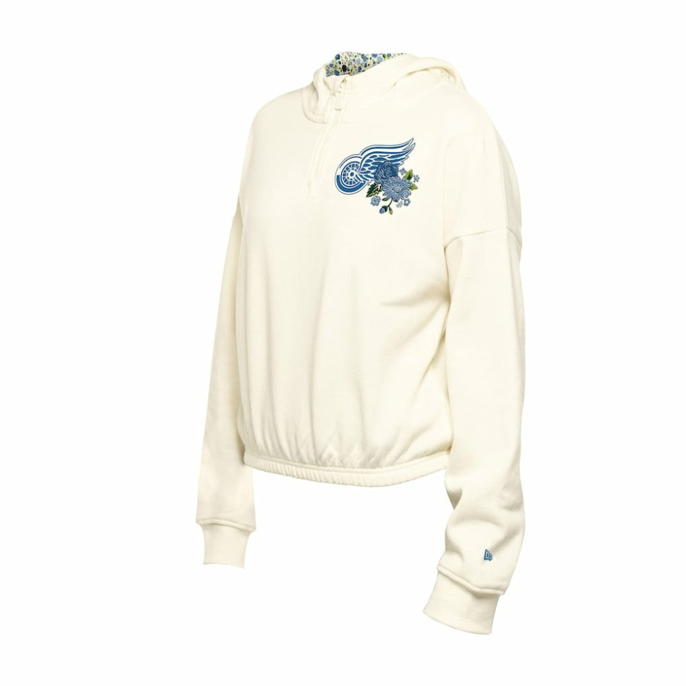 Detroit Red Wings New Era Women's Glam Game Quarter-Zip Cropped Floral Hoodie Pullover - Cream Hoodies