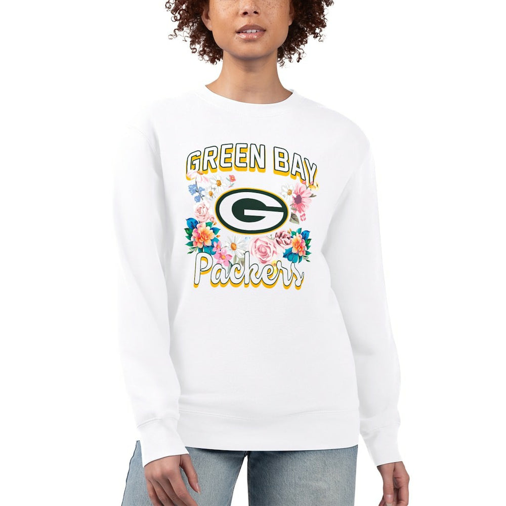 Green Bay Packers G-III 4Her by Carl Banks Women's Flower Logo Graphic Fleece Pullover Sweatshirt - White on sale