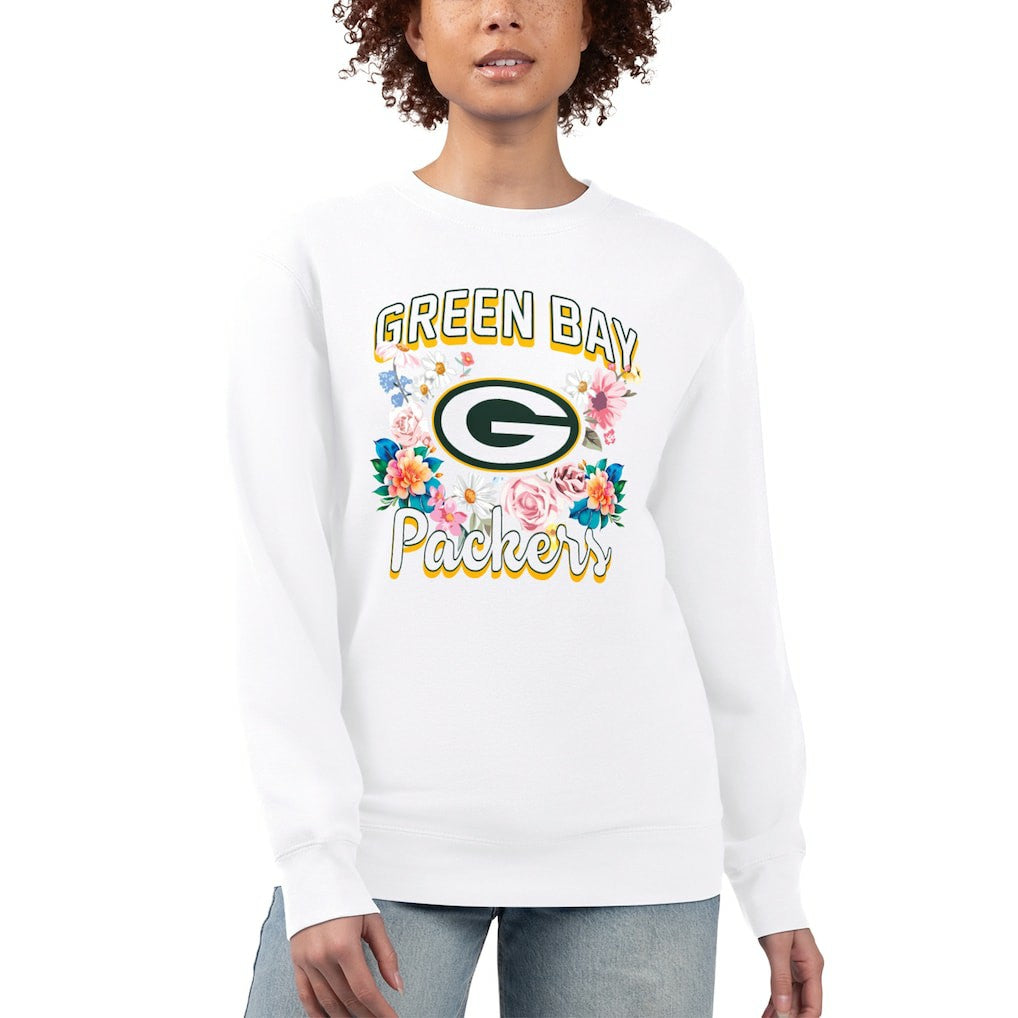 Green Bay Packers G-III 4Her by Carl Banks Women's Flower Logo Graphic Fleece Pullover Sweatshirt - White on sale