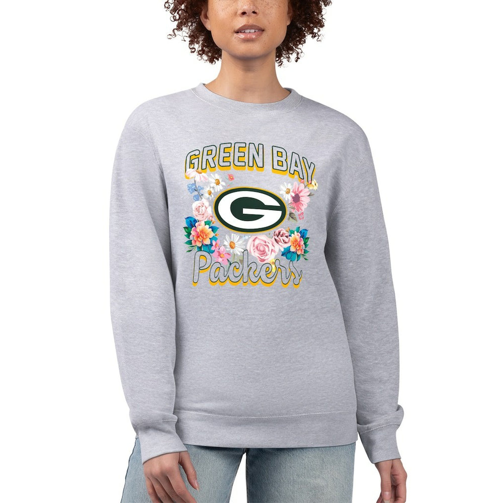 Green Bay Packers G-III 4Her by Carl Banks Women's Flower Logo Graphic Fleece Pullover Sweatshirt - Heather Gray cheap