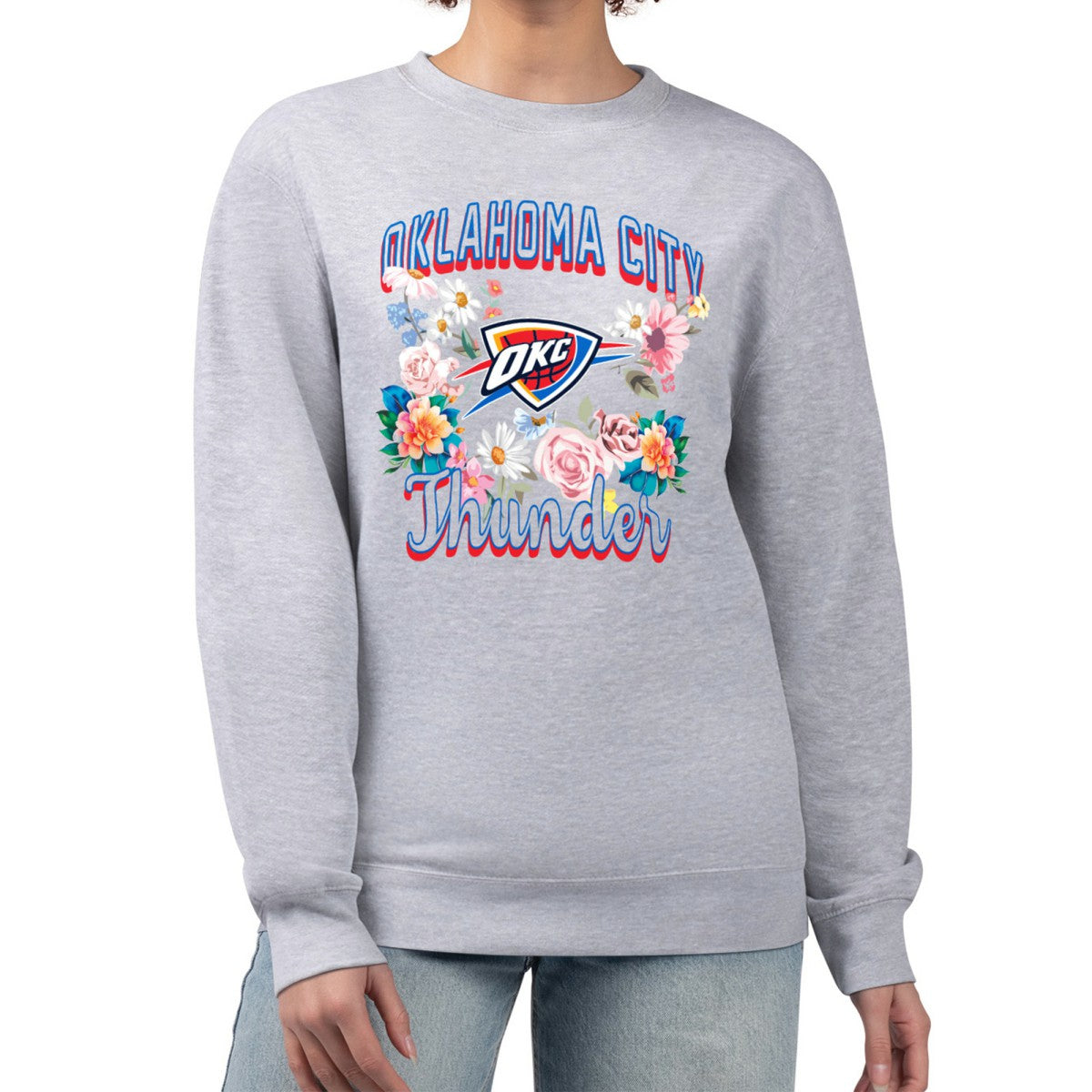 Oklahoma City Thunder G-III 4Her by Carl Banks Women's Flowers Team Logo Graphic Fleece Crewneck Pullover Sweatshirt - Heather Gray shop