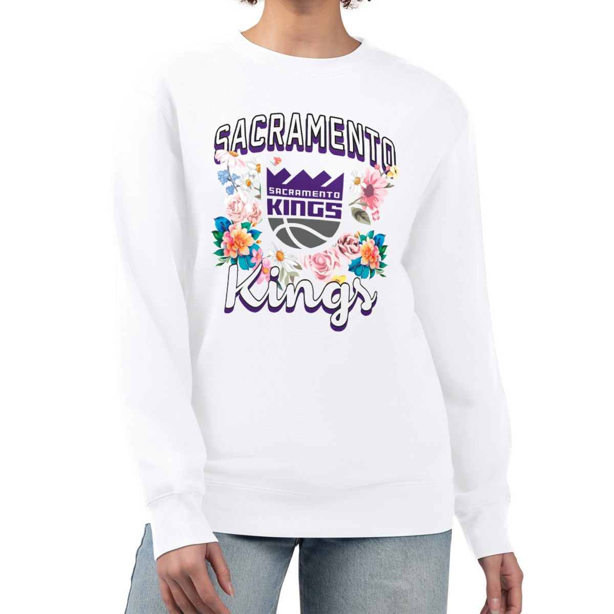 Sacramento Kings G-III 4Her by Carl Banks Women's Flowers Team Logo Graphic Fleece Crewneck Pullover Sweatshirt - White shop