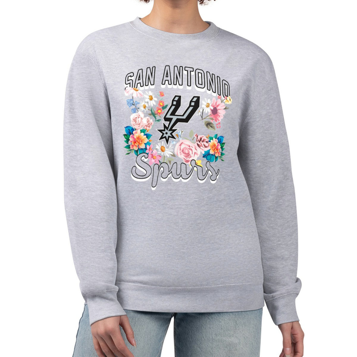 San Antonio Spurs G-III 4Her by Carl Banks Women's Flowers Team Logo Graphic Fleece Crewneck Pullover Sweatshirt - Heather Gray outlet
