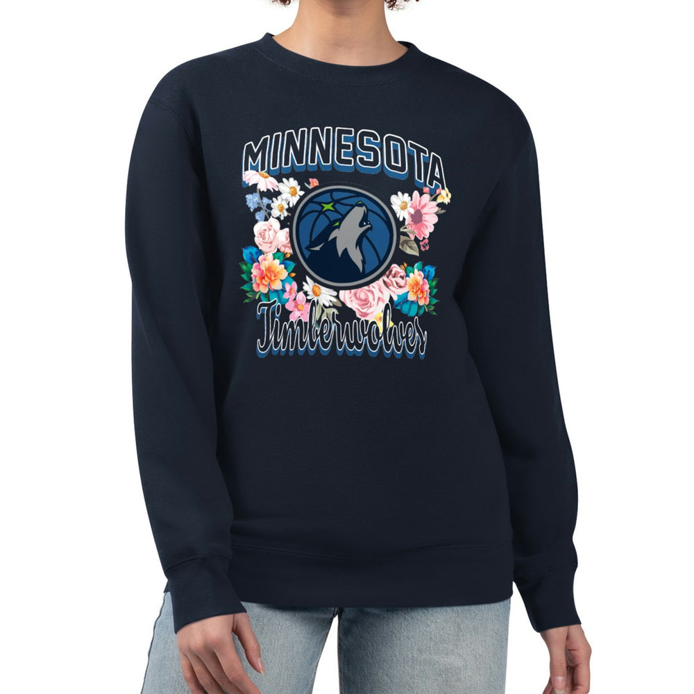 Minnesota Timberwolves G-III 4Her by Carl Banks Women's Flowers Team Logo Graphic Fleece Crewneck Pullover Sweatshirt - Navy online