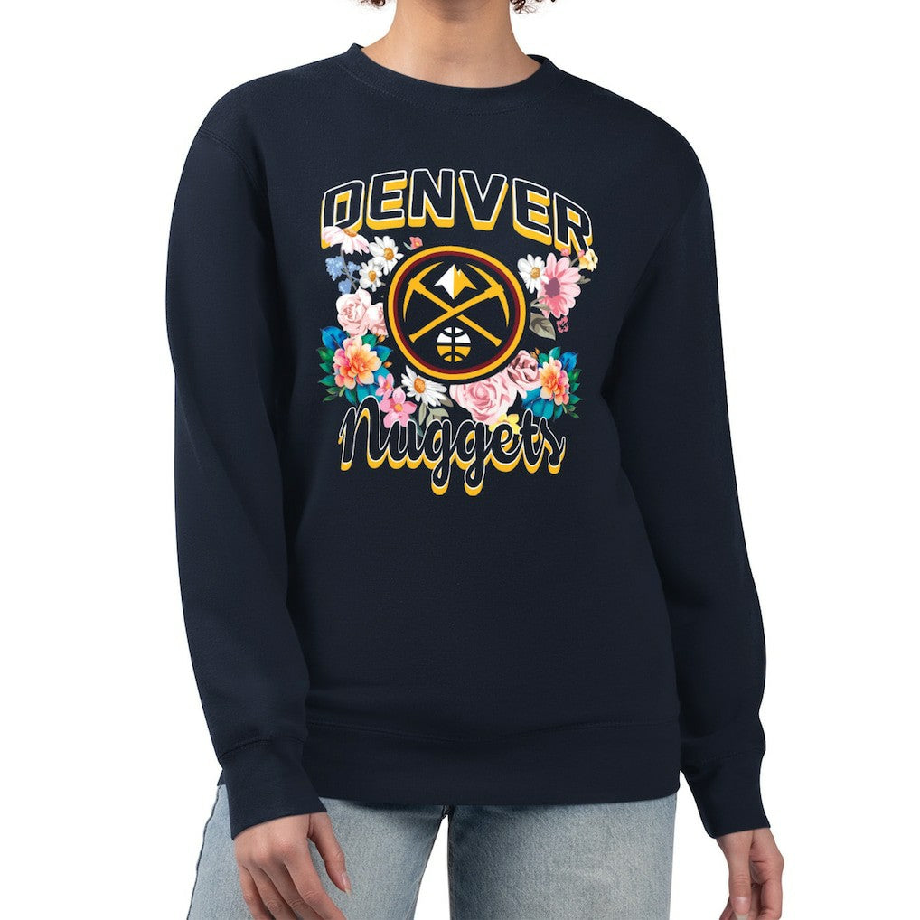 Denver Nuggets G-III 4Her by Carl Banks Women's Flowers Team Logo Graphic Fleece Crewneck Pullover Sweatshirt sale - Navy outlet