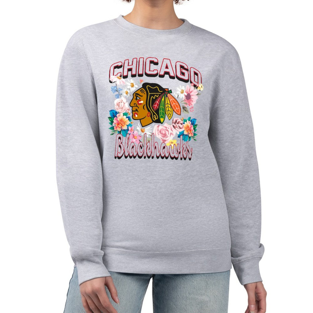 Chicago Blackhawks G-III 4Her by Carl Banks Women's Flower Logo Pullover Sweatshirt - Heather Gray Sweatshirts