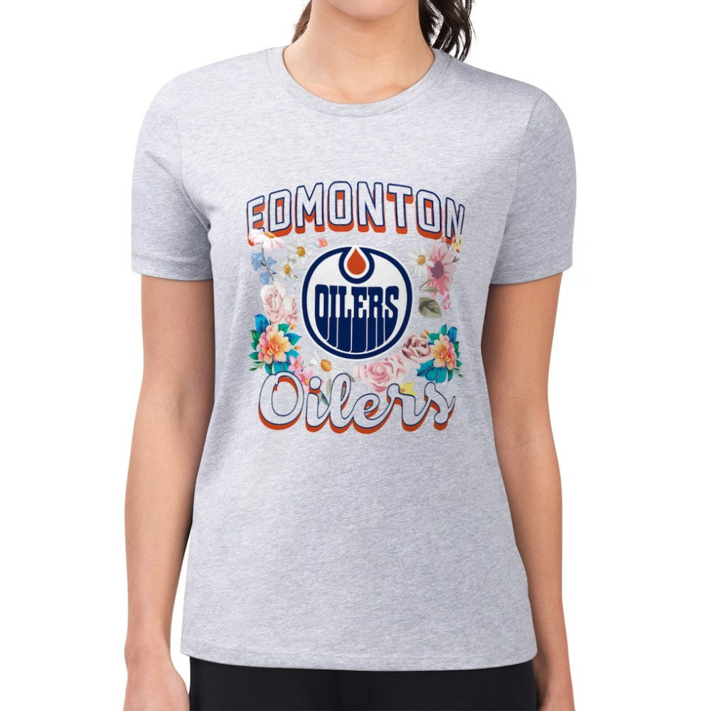 Edmonton Oilers G-III 4Her by Carl Banks Women's Super-Slim Fit Lightweight Flower Logo T-Shirt - Heather Gray T-shirts