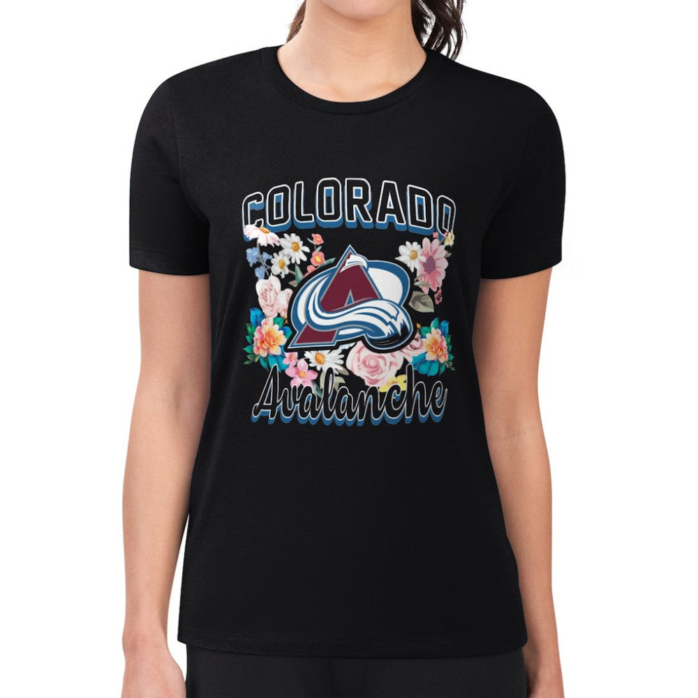Colorado Avalanche G-III 4Her by Carl Banks Women's Super-Slim Fit Lightweight Flower Logo T-Shirt - Black T-shirts