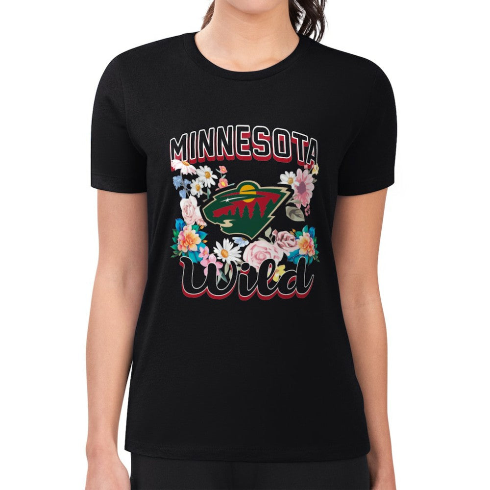 Minnesota Wild G-III 4Her by Carl Banks Women's Super-Slim Fit Lightweight Flower Logo T-Shirt - Black T-shirts