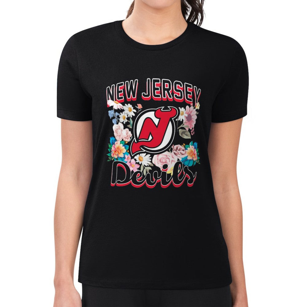 New Jersey Devils G-III 4Her by Carl Banks Women's Super-Slim Fit Lightweight Flower Logo T-Shirt - Black T-shirts