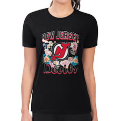 New Jersey Devils G-III 4Her by Carl Banks Women's Super-Slim Fit Lightweight Flower Logo T-Shirt - Black T-shirts