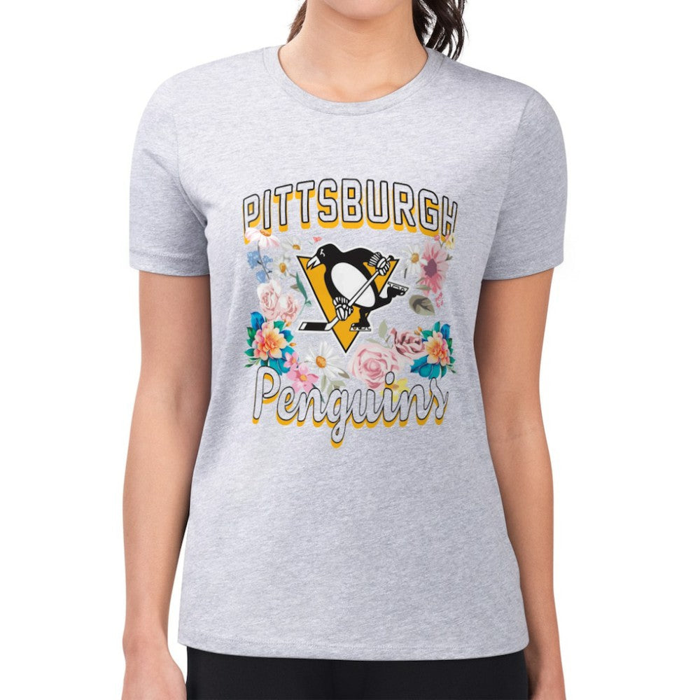 Pittsburgh Penguins G-III 4Her by Carl Banks Women's Super-Slim Fit Lightweight Flower Logo T-Shirt - Heather Gray T-shirts