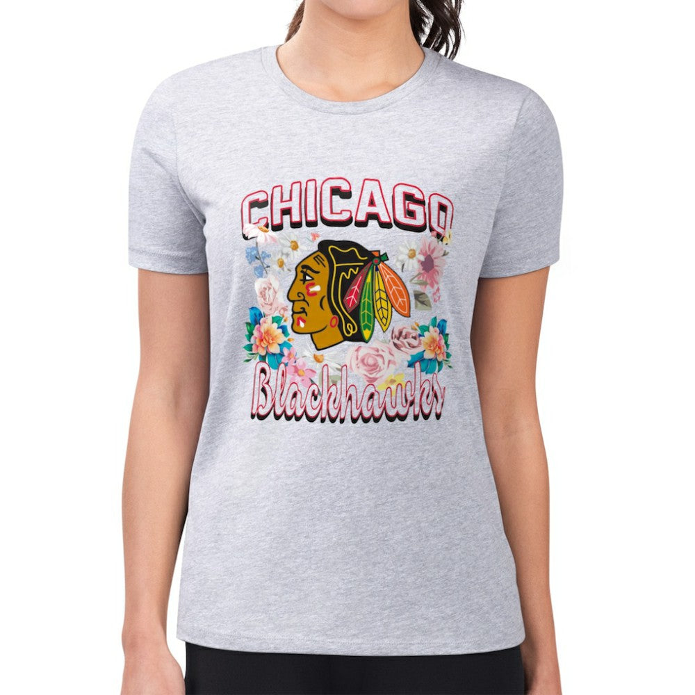 Chicago Blackhawks G-III 4Her by Carl Banks Women's Super-Slim Fit Lightweight Flower Logo T-Shirt - Heather Gray T-shirts