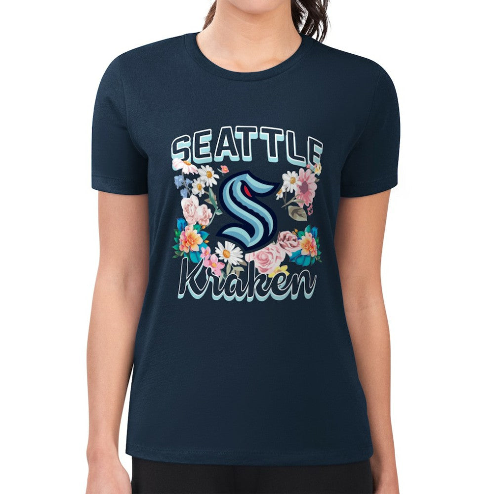 Seattle Kraken G-III 4Her by Carl Banks Women's Super-Slim Fit Lightweight Flower Logo T-Shirt - Navy T-shirts