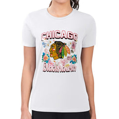 Chicago Blackhawks G-III 4Her by Carl Banks Women's Super-Slim Fit Lightweight Flower Logo T-Shirt - White T-shirts