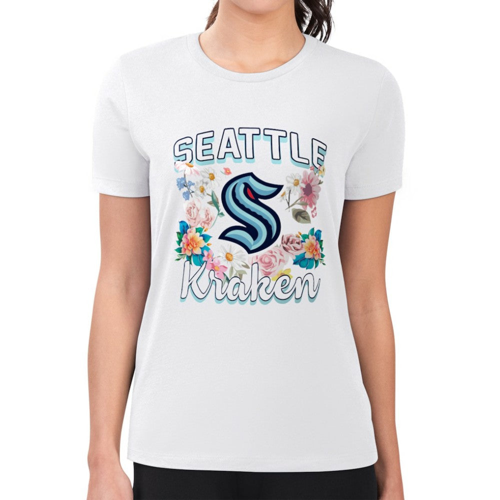 Seattle Kraken G-III 4Her by Carl Banks Women's Super-Slim Fit Lightweight Flower Logo T-Shirt - White T-shirts