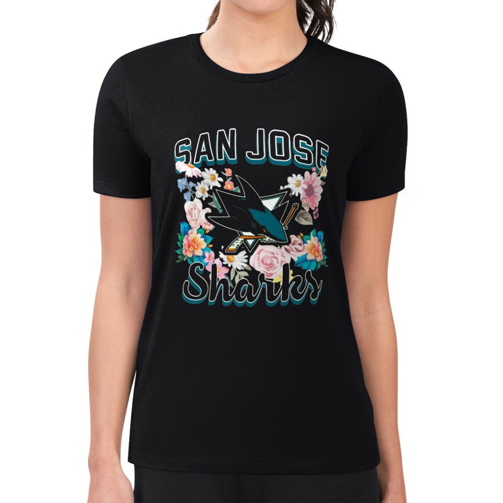 San Jose Sharks G-III 4Her by Carl Banks Women's Super-Slim Fit Lightweight Flower Logo T-Shirt - Black T-shirts