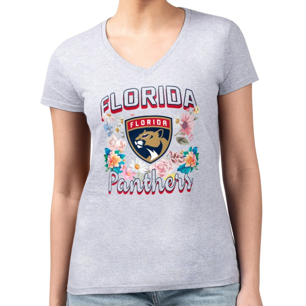 Florida Panthers G-III 4Her by Carl Banks Women's Super-Slim Fit Lightweight Flower Logo V-Neck T-Shirt - Heather Gray T-shirts
