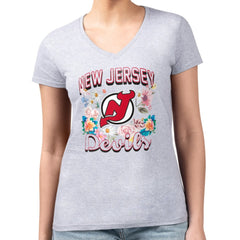 New Jersey Devils G-III 4Her by Carl Banks Women's Super-Slim Fit Lightweight Flower Logo V-Neck T-Shirt - Heather Gray T-shirts