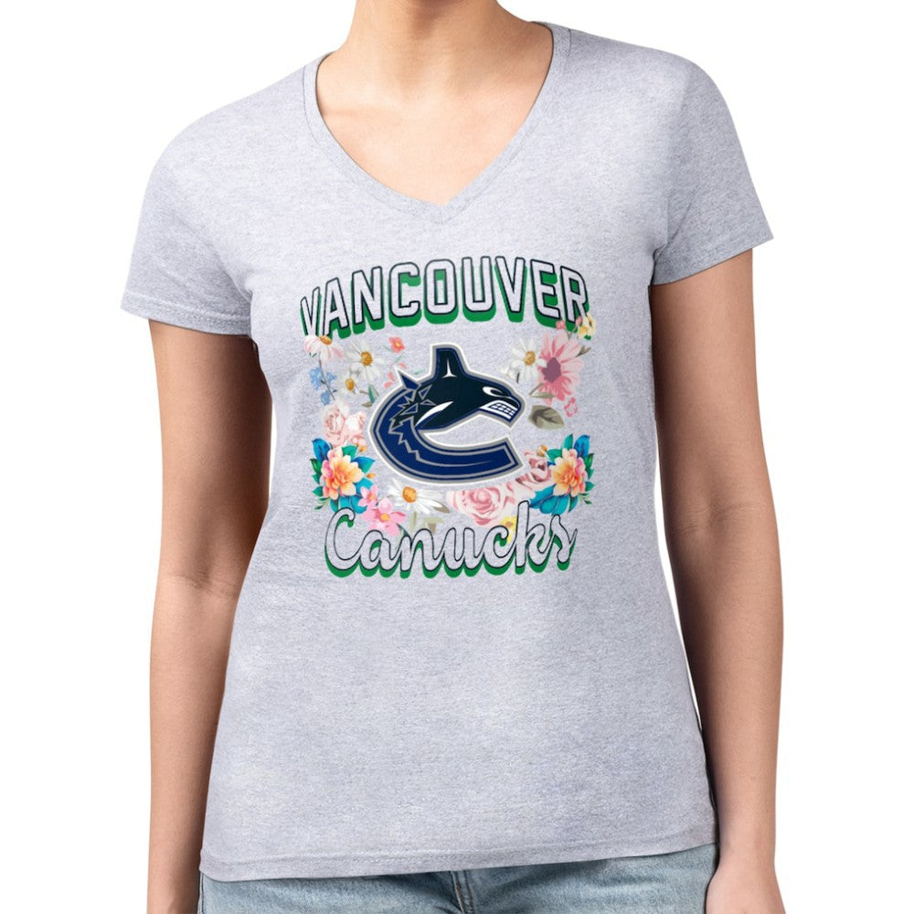 Vancouver Canucks G-III 4Her by Carl Banks Women's Super-Slim Fit Lightweight Flower Logo V-Neck T-Shirt - Heather Gray T-shirts