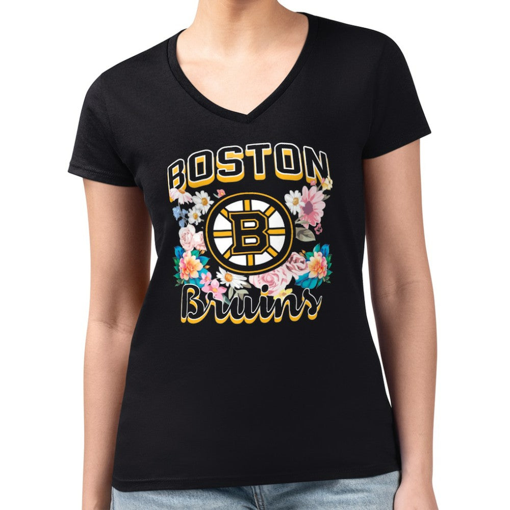 Boston Bruins G-III 4Her by Carl Banks Women's Super-Slim Fit Lightweight Flower Logo V-Neck T-Shirt - Black T-shirts