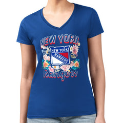 New York Rangers G-III 4Her by Carl Banks Women's Super-Slim Fit Lightweight Flower Logo V-Neck T-Shirt - Blue T-shirts