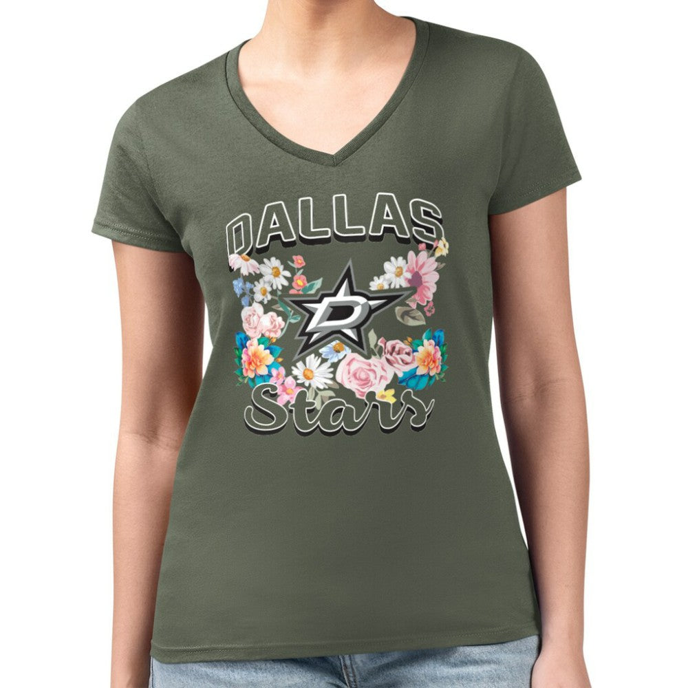 Dallas Stars G-III 4Her by Carl Banks Women's Super-Slim Fit Lightweight Flower Logo V-Neck T-Shirt - Green T-shirts