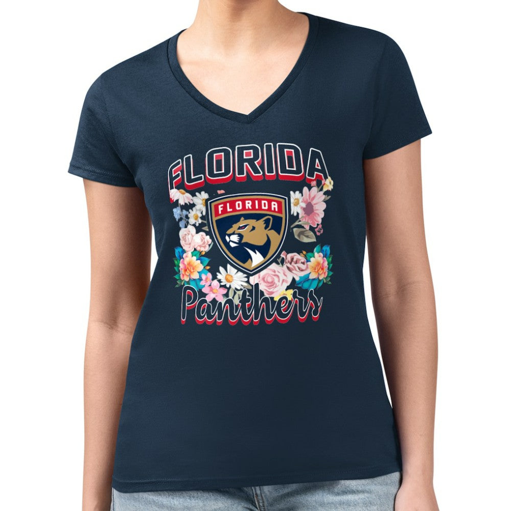 Florida Panthers G-III 4Her by Carl Banks Women's Super-Slim Fit Lightweight Flower Logo V-Neck T-Shirt - Navy T-shirts