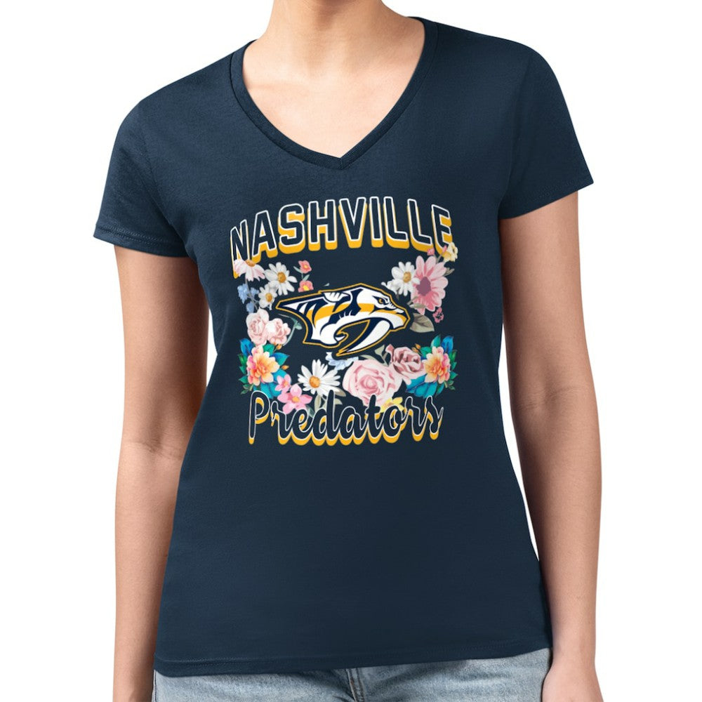 Nashville Predators G-III 4Her by Carl Banks Women's Super-Slim Fit Lightweight Flower Logo V-Neck T-Shirt - Navy T-shirts