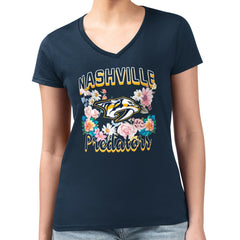 Nashville Predators G-III 4Her by Carl Banks Women's Super-Slim Fit Lightweight Flower Logo V-Neck T-Shirt - Navy T-shirts