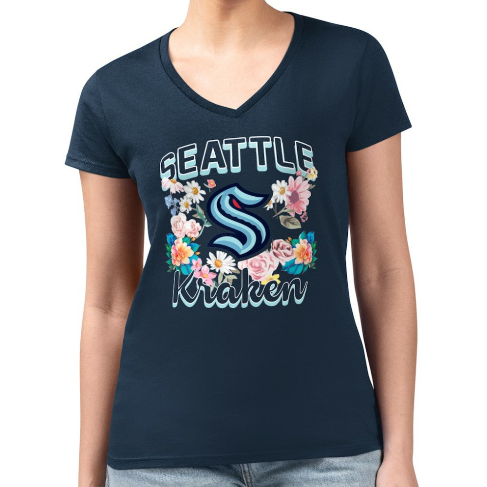 Seattle Kraken G-III 4Her by Carl Banks Women's Super-Slim Fit Lightweight Flower Logo V-Neck T-Shirt - Navy T-shirts