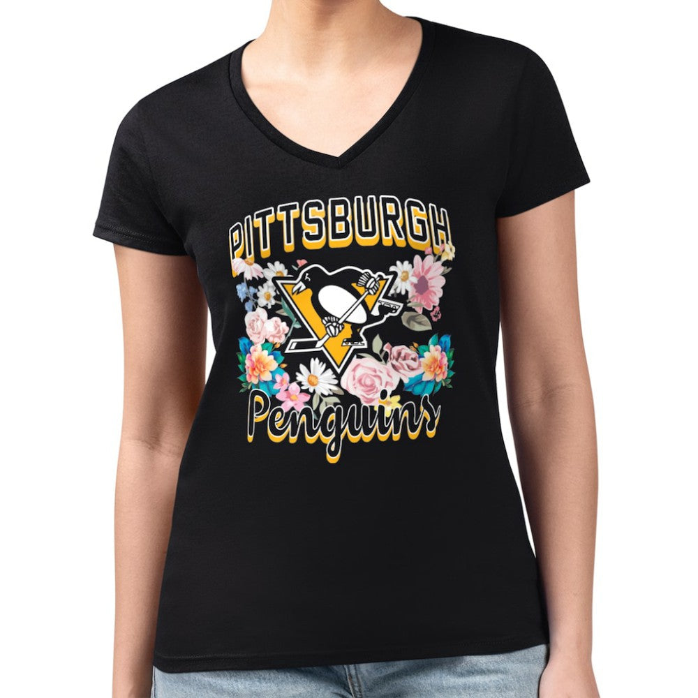 Pittsburgh Penguins G-III 4Her by Carl Banks Women's Super-Slim Fit Lightweight Flower Logo V-Neck T-Shirt - Black T-shirts