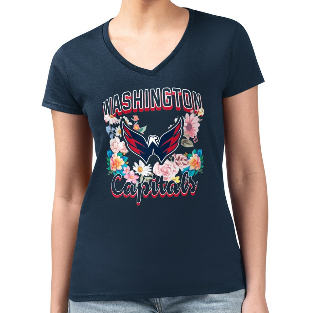 Washington Capitals G-III 4Her by Carl Banks Women's Super-Slim Fit Lightweight Flower Logo V-Neck T-Shirt - Navy T-shirts