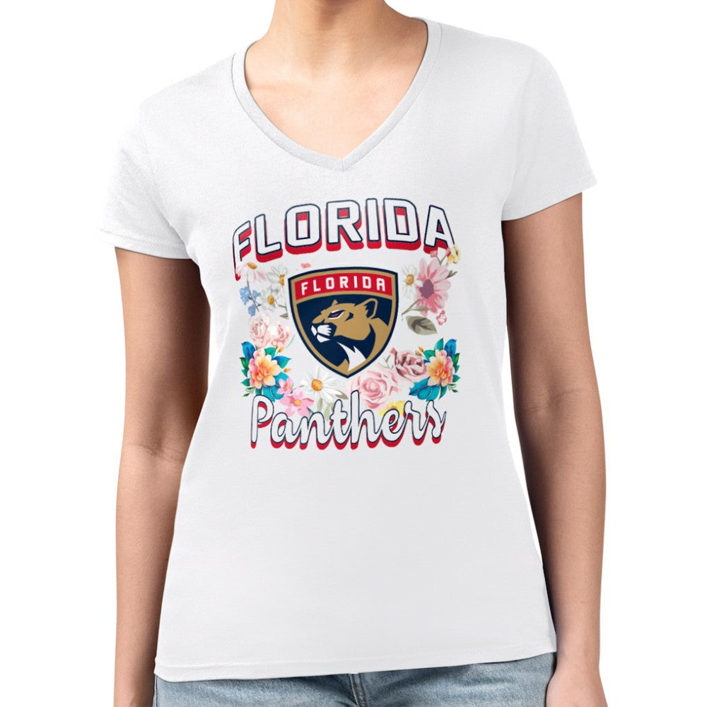 Florida Panthers G-III 4Her by Carl Banks Women's Super-Slim Fit Lightweight Flower Logo V-Neck T-Shirt - White T-shirts