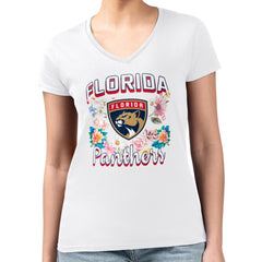 Florida Panthers G-III 4Her by Carl Banks Women's Super-Slim Fit Lightweight Flower Logo V-Neck T-Shirt - White T-shirts