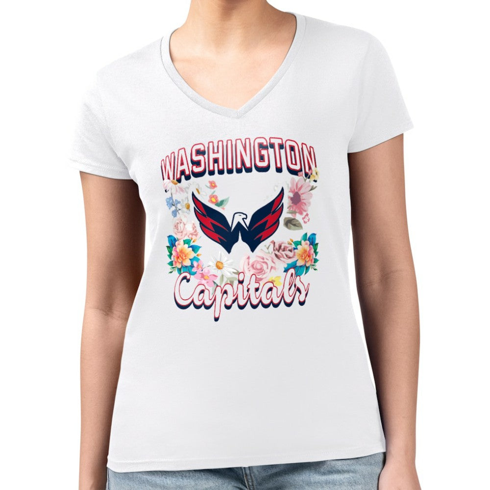 Washington Capitals G-III 4Her by Carl Banks Women's Super-Slim Fit Lightweight Flower Logo V-Neck T-Shirt - White T-shirts