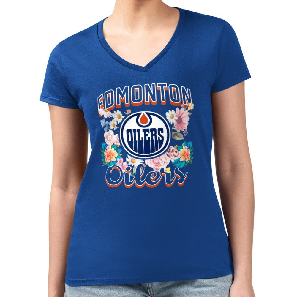 Edmonton Oilers G-III 4Her by Carl Banks Women's Super-Slim Fit Lightweight Flower Logo V-Neck T-Shirt - Royal T-shirts