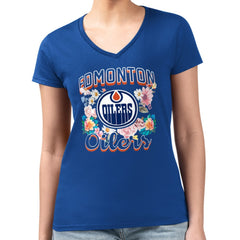 Edmonton Oilers G-III 4Her by Carl Banks Women's Super-Slim Fit Lightweight Flower Logo V-Neck T-Shirt - Royal T-shirts