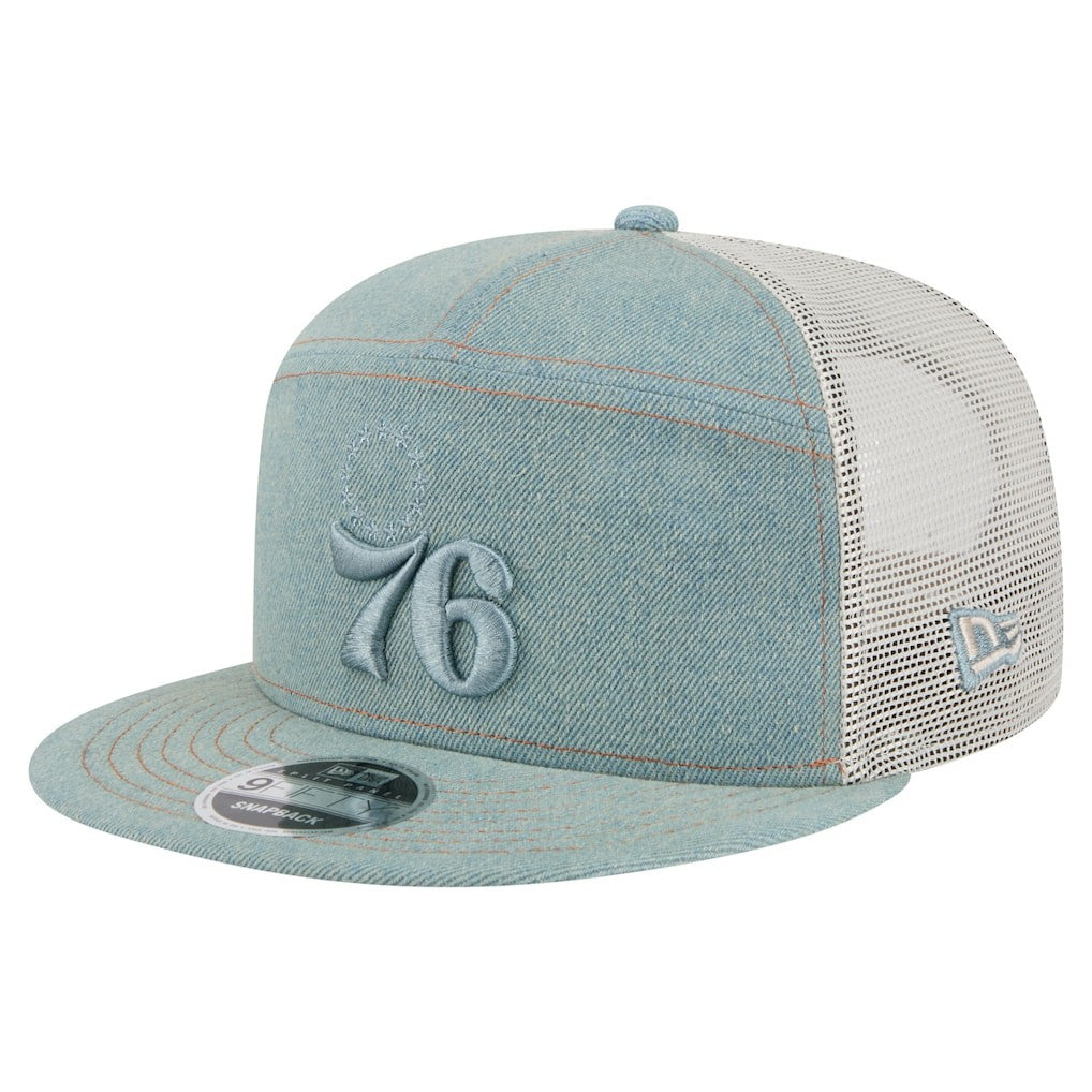 Philadelphia 76ers Adventure Denim Split Panel 9FIFTY Snapback Trucker Hat shop