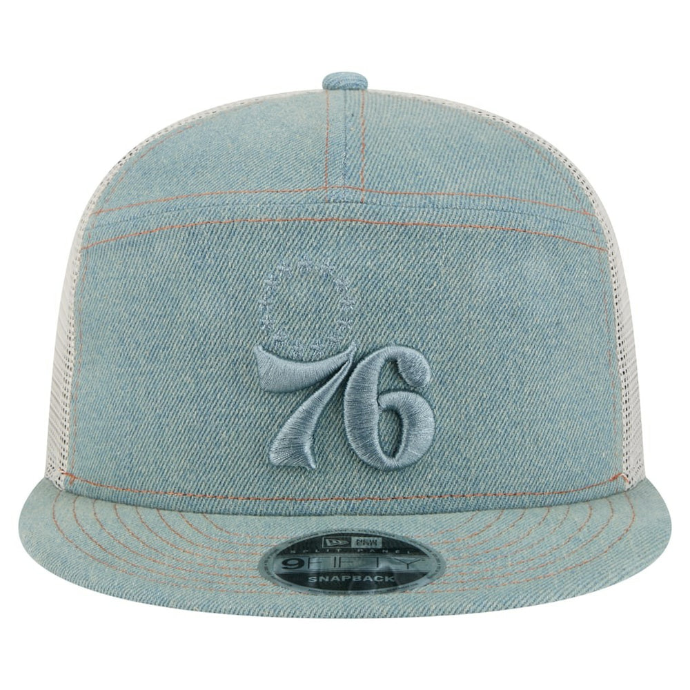 Philadelphia 76ers Adventure Denim Split Panel 9FIFTY Snapback Trucker Hat shop