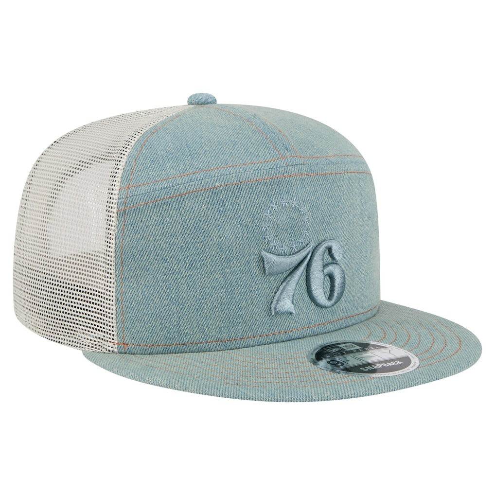 Philadelphia 76ers Adventure Denim Split Panel 9FIFTY Snapback Trucker Hat shop