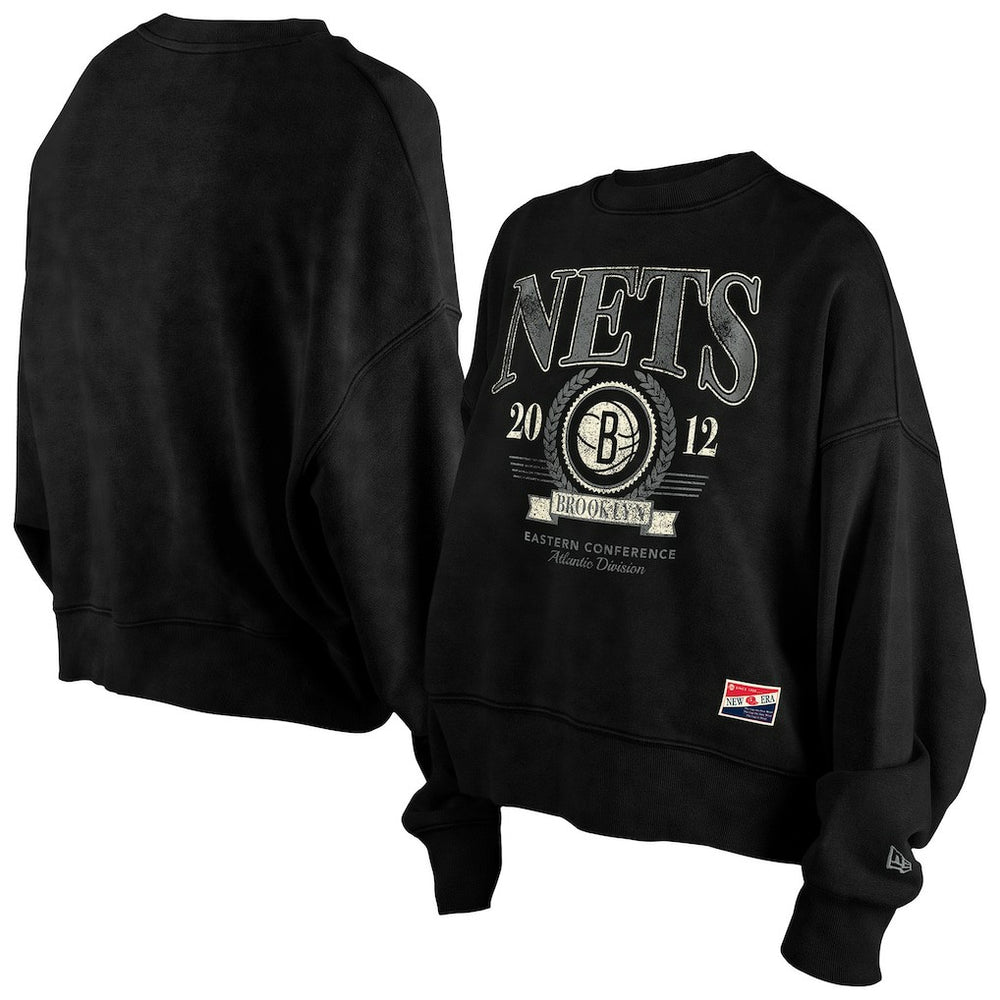 Brooklyn Nets Women's Throwback Vintage Enzyme Wash Oversized Boxy Pullover Sweatshirt - Black sale