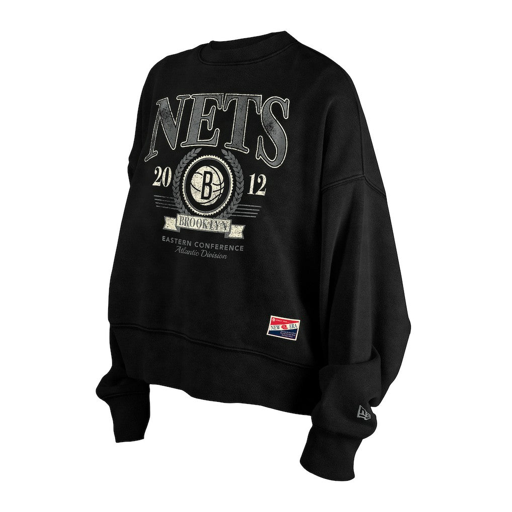 Brooklyn Nets Women's Throwback Vintage Enzyme Wash Oversized Boxy Pullover Sweatshirt - Black sale