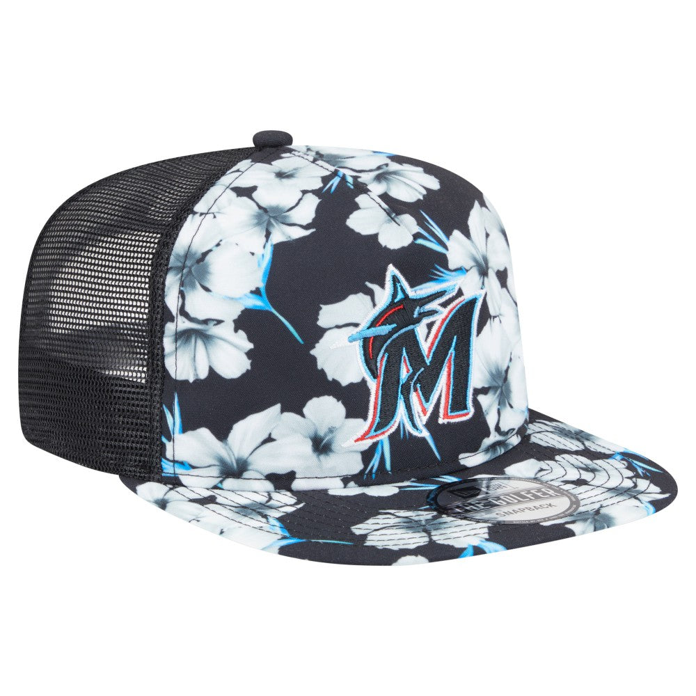 Miami Marlins Adventure Pattern Golfer Trucker Snapback Hat Black