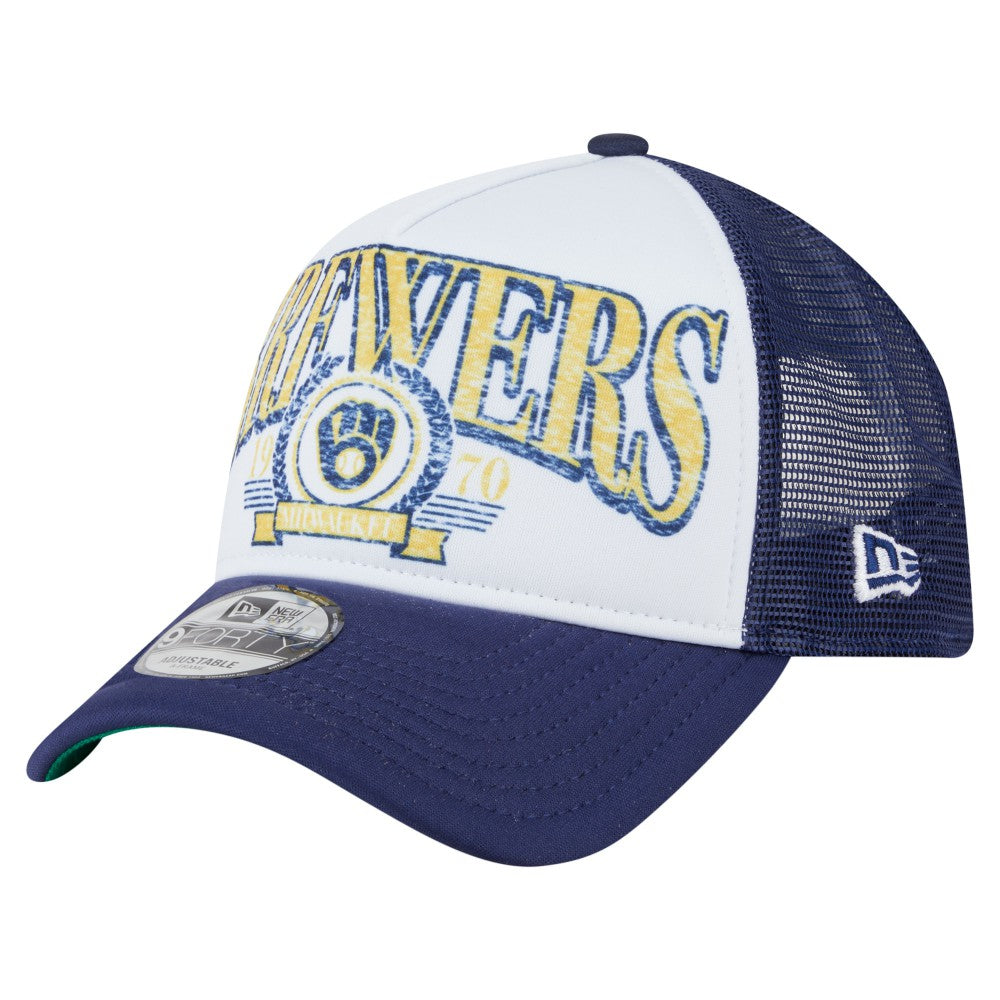 Milwaukee Brewers Distressed 9FORTY A-Frame Adjustable Trucker Hat White