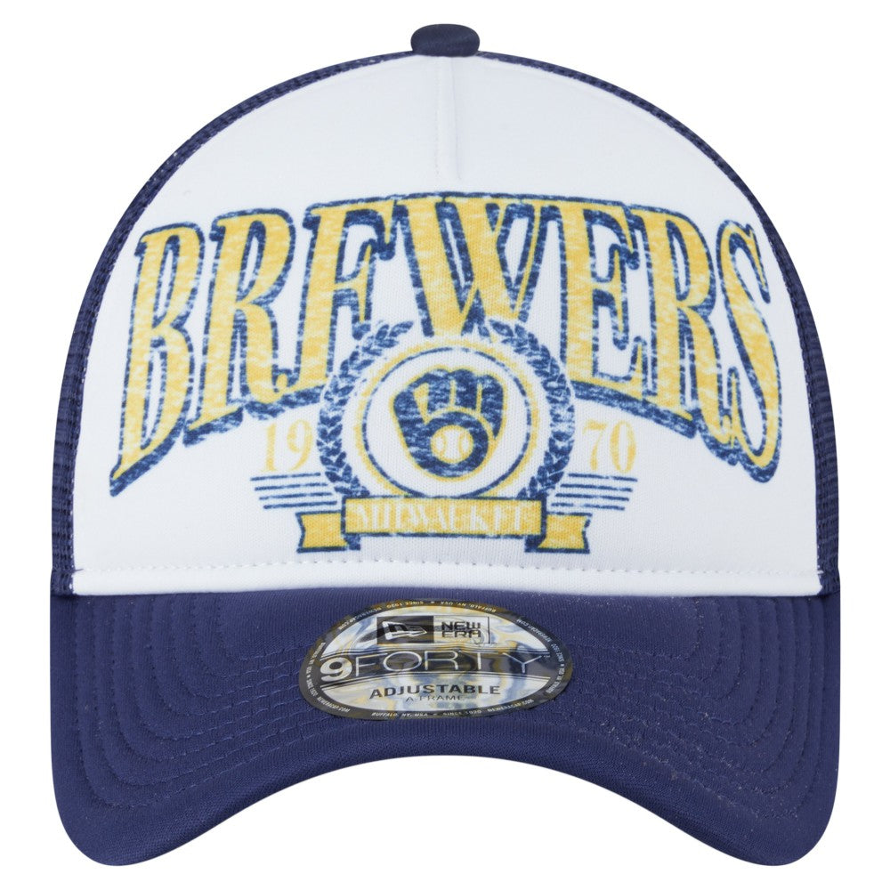 Milwaukee Brewers Distressed 9FORTY A-Frame Adjustable Trucker Hat White