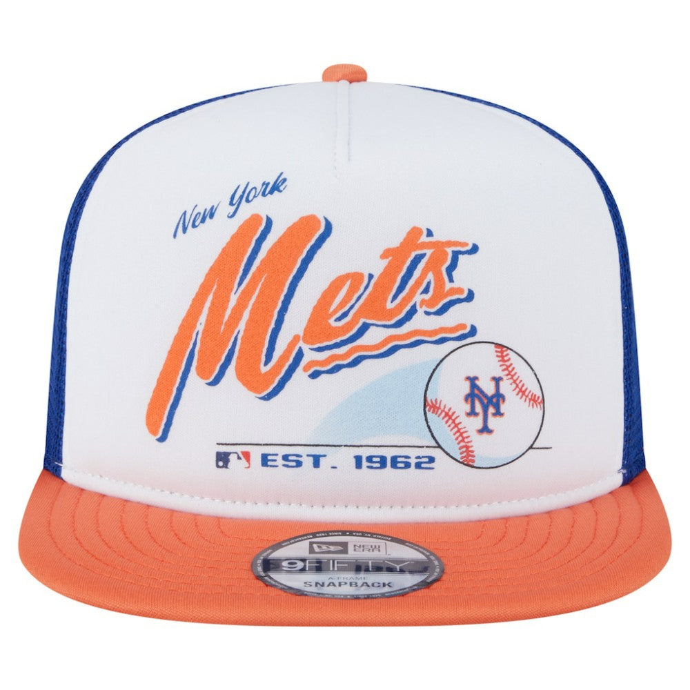 New York Mets Retro Script Trucker 9FIFTY Snapback Hat White/Orange