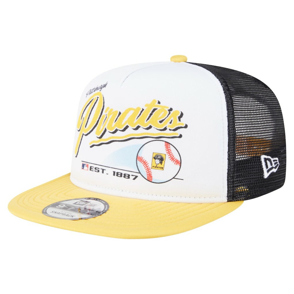 Pittsburgh Pirates Retro Script Trucker 9FIFTY Snapback Hat White/Gold