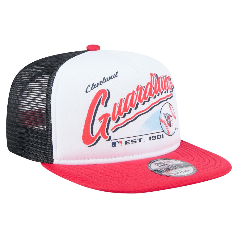 Cleveland Guardians Retro Script Trucker 9FIFTY Snapback Hat White/Red