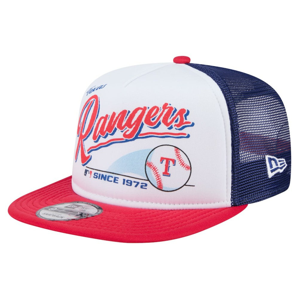 Texas Rangers Retro Script Trucker 9FIFTY Snapback Hat White/Red